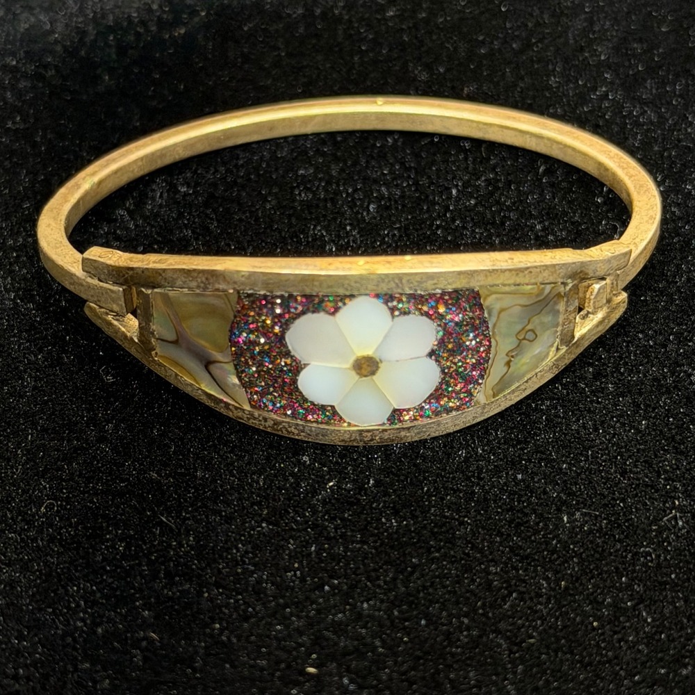 Alda? Mexico Bangle Bracelet 2.25" Silver Tone MOP Flower Abalone Inlay Vintage